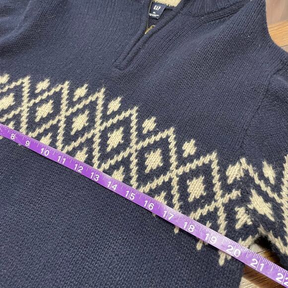 GAP Men's Navy Blue 100% Lambs Wool Sweater Sz XL Beige Fair Isle Mock Neck Zip - Picture 7 of 7